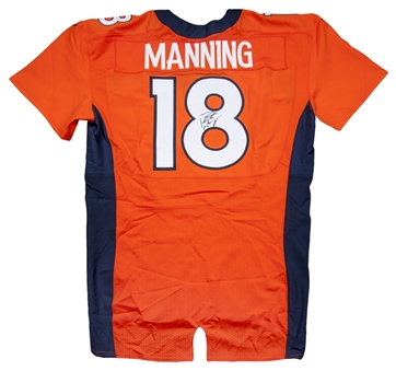 2015 Peyton Manning Game Used and Signed Super Bowl Winning Season Denver Broncos Home Orange Jersey vs Vikings On 10-4-15 – Last Regular Season TD Pass of Manning’s Career in Denver (NFL & PSA/DNA)